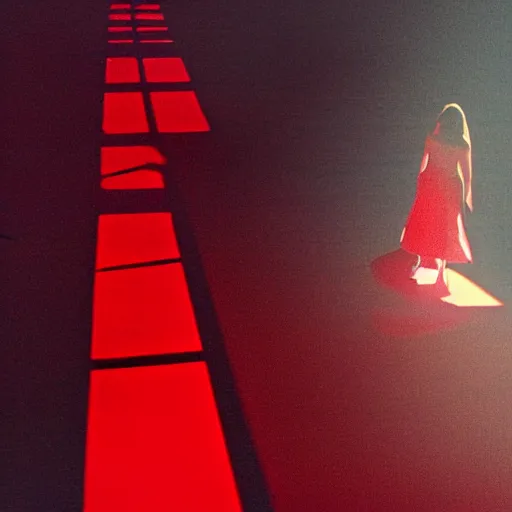 Prompt: she stands in the room, the red light from above outlines the perfect shape of her shadow on the floor below