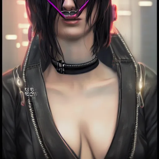 Image similar to realistic female character cyberpunk wearing technological collar around neck, realistic, art, beautiful, 4K, collar, choker, collar around neck, punk, artstation, detailed, female, woman, choker, cyberpunk, punk, collar, choker, collar around neck,