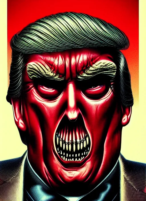 Image similar to donald trump's disgusting true form burstin from within, horror, high details, intricate details, by vincent di fate, artgerm julie bell beeple, 1 9 8 0 s, inking, vintage 8 0 s print, screen print