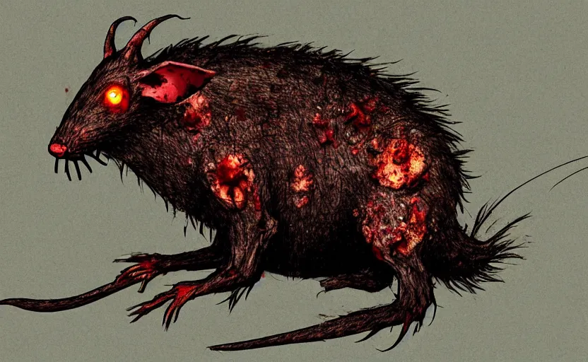 Image similar to very large giant mutant zombie rat with cancer in tonnel of metro. extreme high detail. low dark light, scary atmosphere.