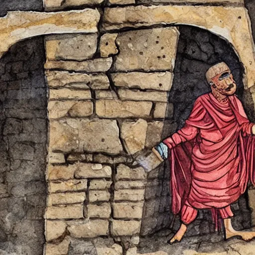 Image similar to award winning cinematic still of 40 year old Mediterranean skinned man in ancient Canaanite clothing building a broken wall in Jerusalem, ink and color watercolor in the style of a 2022 modern illustration