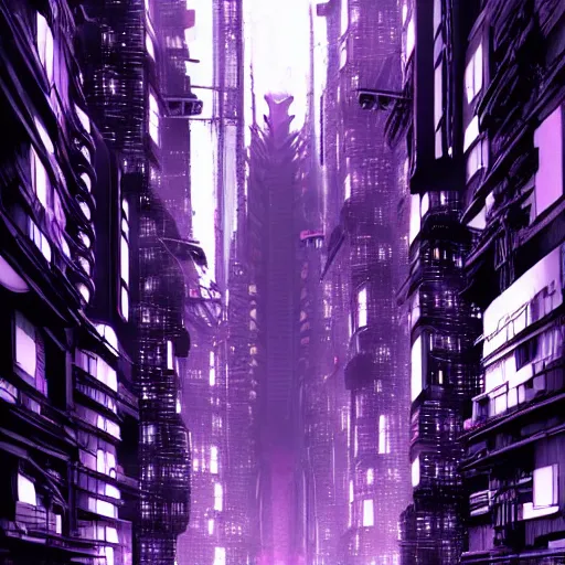 Image similar to Futuristic Concrete Dense Tokyo in style of Tsutomu Nihei in purple and black tones. ArtStation, Cyberpunk, vertical symmetry, 8K, Highly Detailed, Intricate, Album Art.