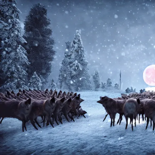 Image similar to the slaughtering of 1 0 0 0 pigs by horrible viking men dressed in wolves clothing. in wintertime. in the moonlight. hyper realistic 8 k render.