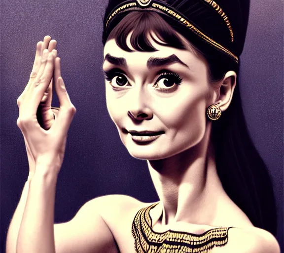 Image similar to photography audrey hepburn with hands - up and hairy armpits, dressed like cleopatra, deep focus, intricate, elegant, highly detailed, digital painting, artstation, concept art, matte, sharp focus, illustration, art by artgerm and greg rutkowski and alphonse mucha and gil elvgren