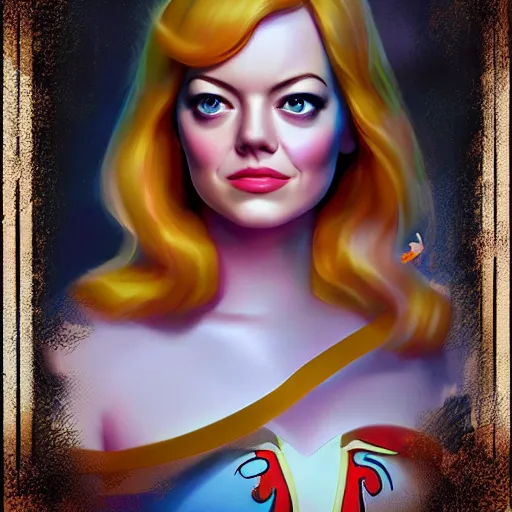 Image similar to digital painting of Emma Stone as a Disney princess wearing snow white's dress, Pixar style, professional studio lightening, volumetric lightening, photorealism by Tristan Eaton Stanley Artgerm and Tom Bagshaw