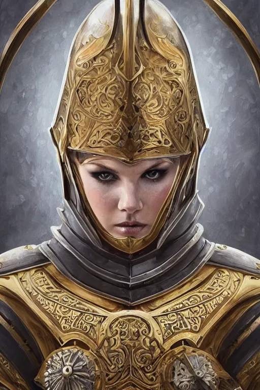 Prompt: head-on symmetrical centered painted portrait, Elisha Cuthbert as a paladin, blonde hair, ornate heavy plate armour, medieval robes, fantasy, intricate, elegant, highly detailed, smooth, sharp focus, illustration, artstation, in the style of Ross Tran and by Jesper Ejsing and by Mikalojus Konstantinas Ciurlionis