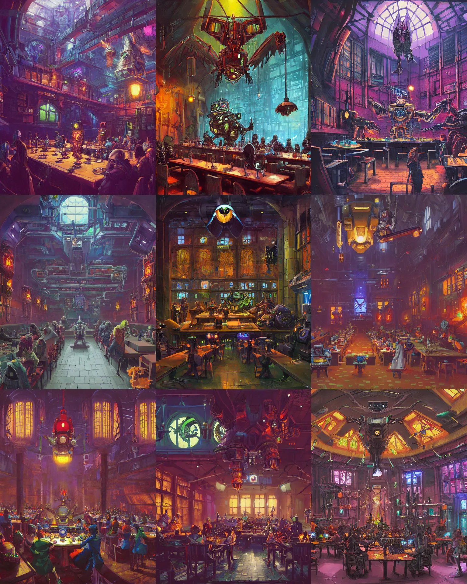 Prompt: a cyberpunk hogwarts dining hall, with a giant robot owl, by paul lehr, jesper ejsing