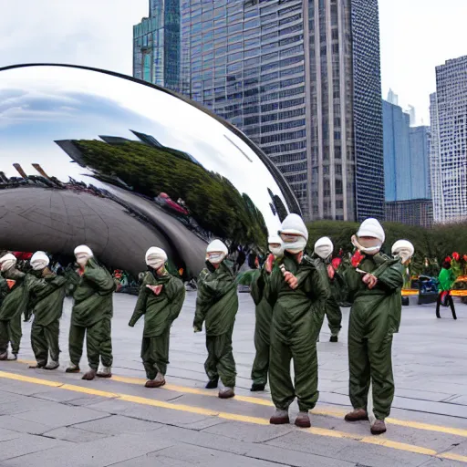 Prompt: chinese soldiers in hazmat suits with grey skies carrying machine guns, cloud gate chicago