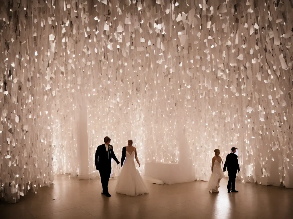 Prompt: a bride and groom walking into a diary paper installation fairytale, romantic hyper detailed cinematic light