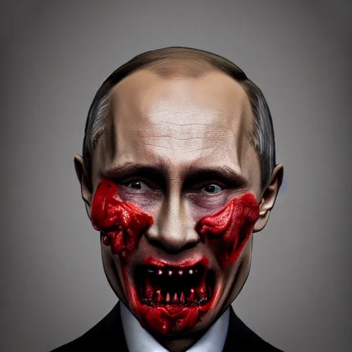 Prompt: Vladimir Putin eating a brain, artstation, morbid, evil, dark photography, realistic, candid street portrait in the style of Rehahn award winning, Sony a7R,