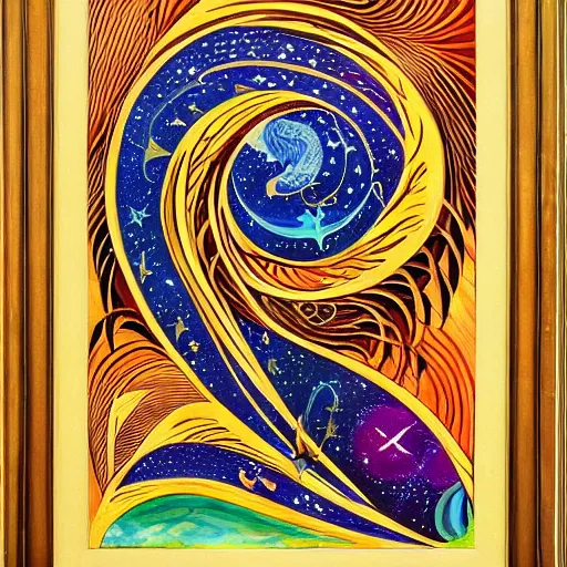 Prompt: beautiful wave made of mathematics, art nouveau, equations, astronomical, stars, equation fish, equation water, equation wave, math sea. oil paint, color, figurative. museum of modern art