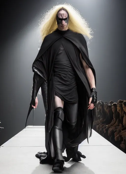 Prompt: hyperrealistic and heavy detailed rick owens runway show of batman, leica sl 2 5 0 mm, vivid color, high quality, high textured, real life