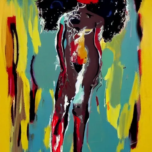 Image similar to A pretty attractive black woman with afro hair with white angel wings and black devil horns standing on earth, creative colors, full body, abstract jean-Michel Basquiat!!!!!!!! oil painting with thick paint strokes!!!!!!!!, oil on canvas, aesthetic, y2k!!!!!!, intricately!!!!!!!! detailed artwork!!!!!!!, trending on artstation, in the style of jean-Michel Basquiat!!!!!!!!!!!!, by jean-Michel Basquiat!!!!!!!!!!!, in the style of jean-Michel Basquiat!!!!!!!!!!!, in the style of jean-Michel Basquiat!!!!!!!!!!!, in the style of jean-Michel Basquiat!!!!!!!!!!!, in the style of jean-Michel Basquiat!!!!!!!!!!!, in the style of jean-Michel Basquiat!!!!!!!!!!!