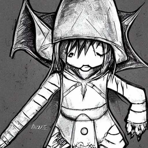 Prompt: cute tiny goblin girl wearing hunter armor from Bloodborne and a wizard hat, geeen skin, d&d, drawn by Zone-tan