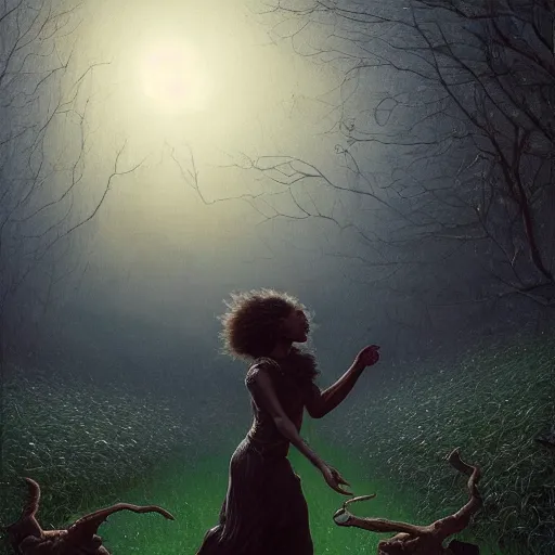 Image similar to a highly detailed portrait of a black woman chasing her dreams through a field of nightmares, a hyperrealistic high renaissance painting by gustave dore, unreal engine, dark fantasy art by greg rutkowski, loish, rhads, ferdinand knab, makoto shinkai and lois van baarle, ilya kuvshinov, radiant lighting, moon light.