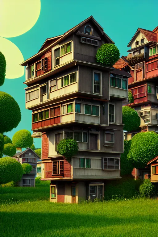 Image similar to stacked houses, solarpunk, studio ghibli, octane render, 4 k