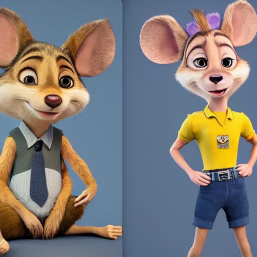 Image similar to 3 d render, portrait, mid shot, anthropomorphic mouse, female, blond fur, blue eyes, wearing denim short shorts, wearing a off yellow tank top shirt, solo, in the style of zootopia