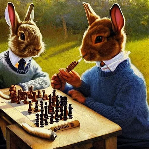 Image similar to rabbits smoking pipes and playing chess. Painting of rabbits in sweaters by James Gurney.