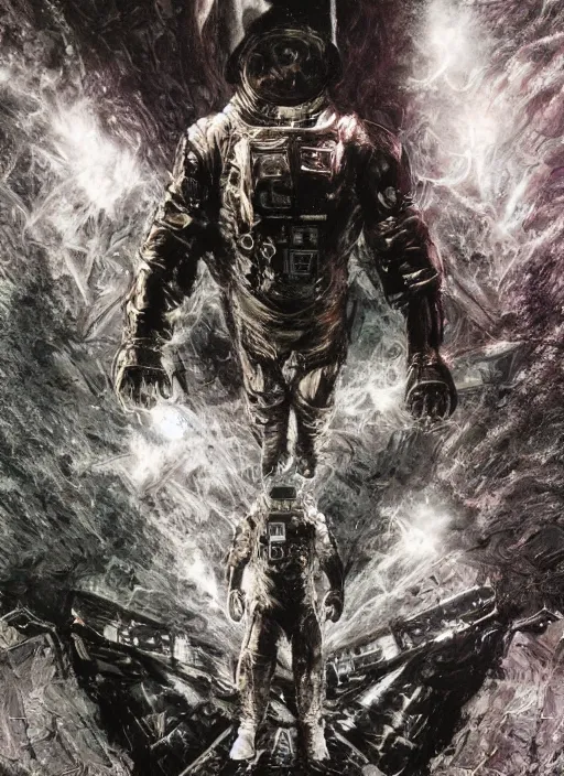 Image similar to astronauts in dark void underwater - complex and hyperdetailed technical suit. reflection and dispersion materials. rays and dispersion of light. volumetric light. f / 3 2. noise film photo. flash photography. ultra realistic, wide angle. poster by wayne barlowe, hajime sorayama aaron horkey, craig mullins