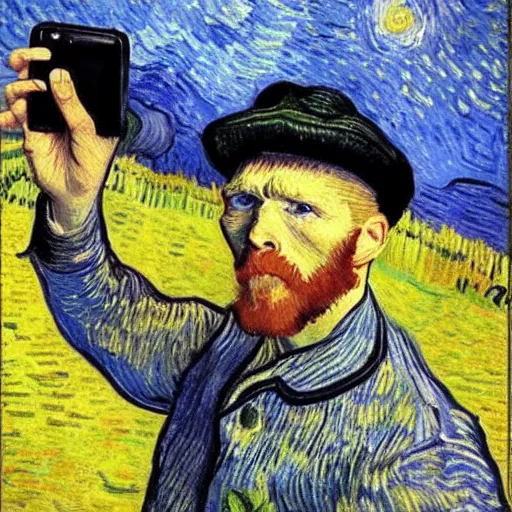 Prompt: iphone selfie, phone in hand, by van gogh