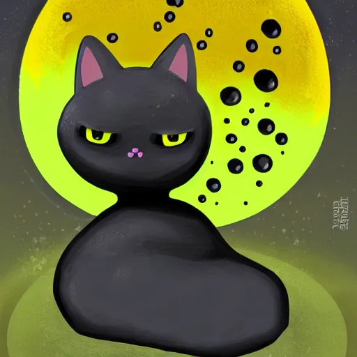 Prompt: digital art of cute black slime monster in form of slime cat with yellow glowing eyes, Digital 2D