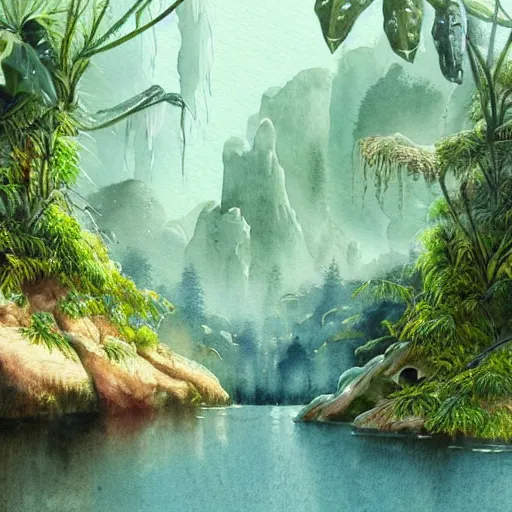 Image similar to beautiful detailed watercolor of a lush natural scene on an alien planet by vincent bons. ultra sharp high quality digital render. detailed. beautiful landscape. weird vegetation. water. soft colour scheme. grainy.