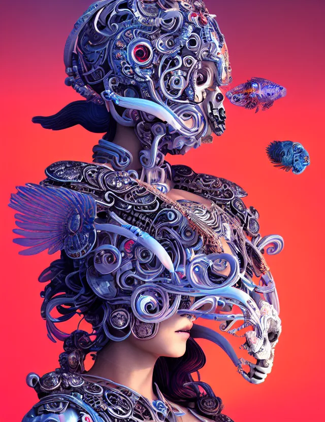 Image similar to 3 d goddess cyborg close - up profile portrait with ram skull. beautiful intricately detailed japanese crow kitsune mask and clasical japanese kimono. betta fish, jellyfish phoenix, bio luminescent, plasma, ice, water, wind, creature, artwork by tooth wu and wlop and beeple and greg rutkowski