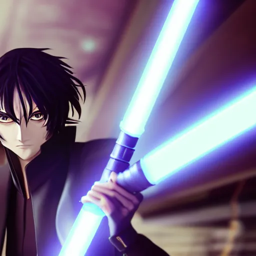 eccentric Lelouch Lamperouge holding a lightsaber