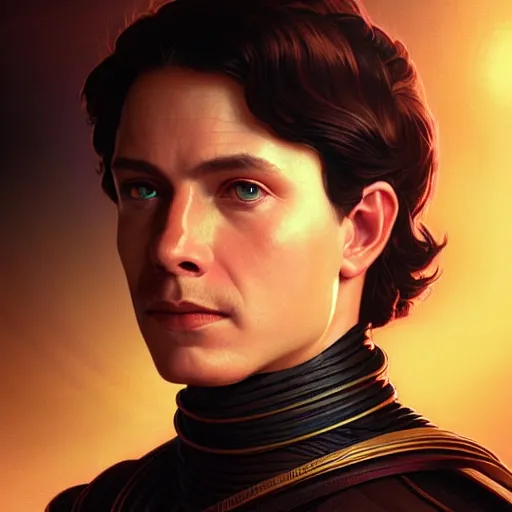 Prompt: a portrait of paul atreides from dune cinematic lighting, photorealistic, octane render, 8 k, depth of field, 3 d, art by artgerm and greg rutkowski and alphonse mucha and uang guangjian and gil elvgren and sachin ten