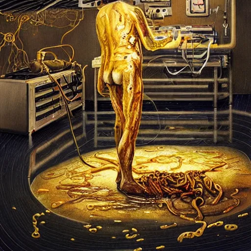 Image similar to realistic coubert dark hi-tech sci-fi lab at night, realistic gustave coubert painting a hideous and sick human exposed guts crawling in two legs and dripping golden metalic fluid from intestine into a pool of golden liquid on the floor. Smokey atmosphere