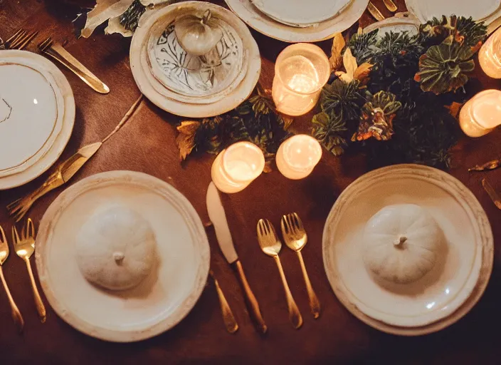 Image similar to a 3 5 mm photo of a table set for thanksgiving, bokeh, canon 5 0 mm, cinematic lighting, dramatic, film, photography, golden hour, depth of field, award - winning, 3 5 mm film grain, retro, film, kodachrome
