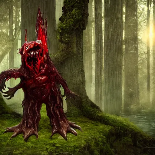 Prompt: photorealistic fantasy monster dripping with blood, lurking in the woods, found footage, hyper realistic