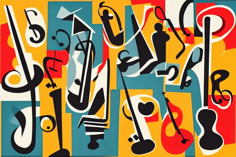 Image similar to abstract art poster of jazz musicians and musical notes in the style of Stuart Davis, matte illustration, texture,