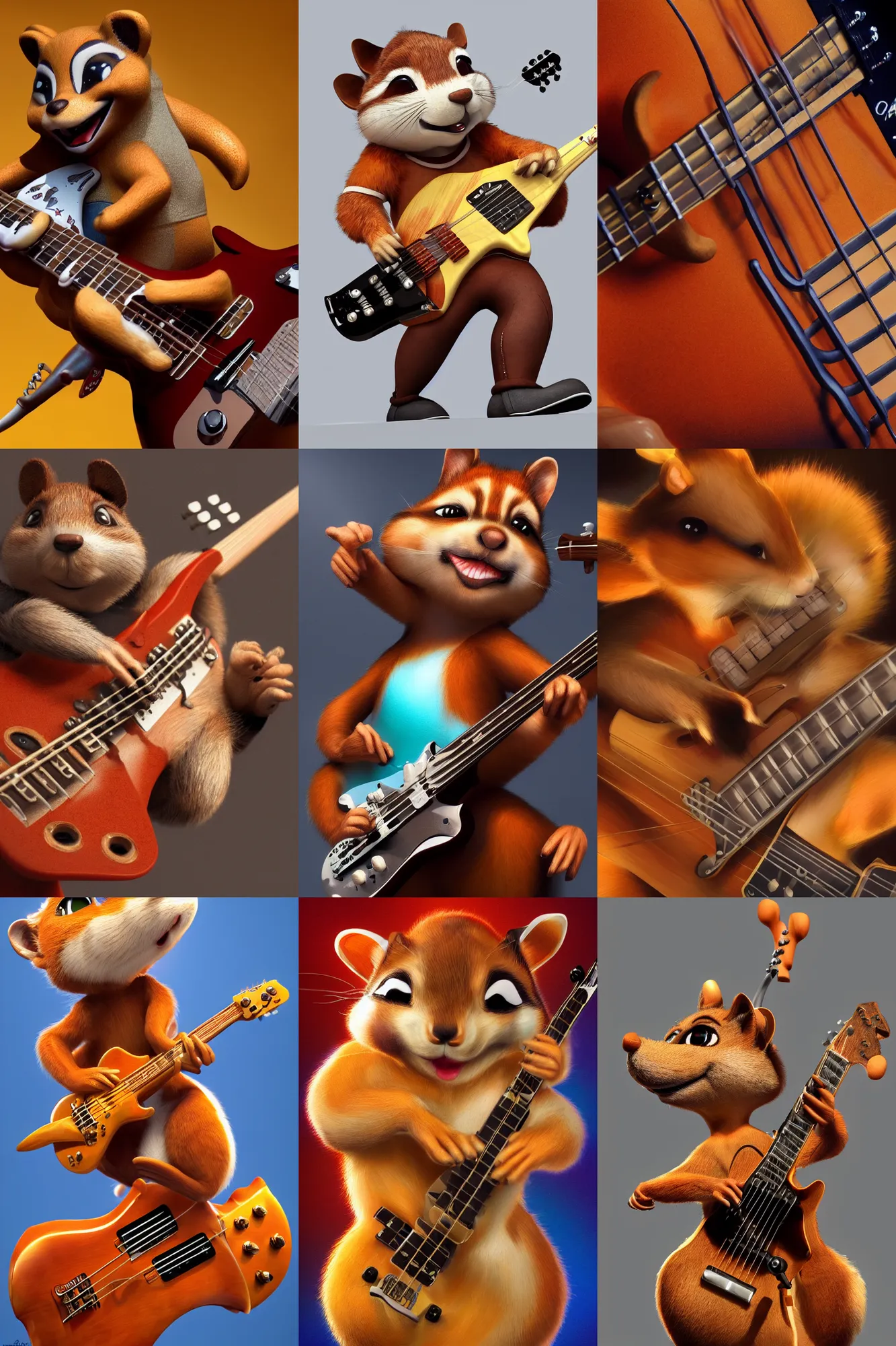 Prompt: a high detail shot of an Anthropomorphic chipmunk playing electric guitar, photorealism, volumetric lighting, epic lighting, artstation, hd