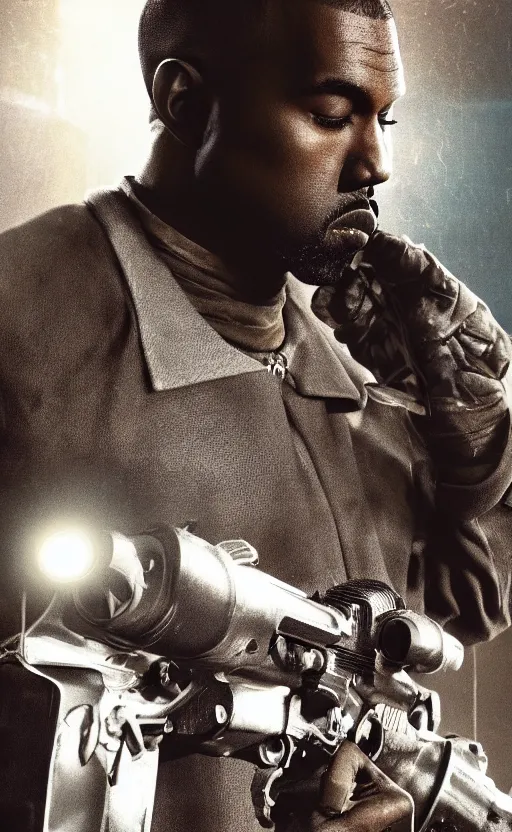 Image similar to Portrait of Kanye West as James Bond in Fallout New Vegas, splash art, movie still, cinematic lighting, dramatic, octane render, long lens, shallow depth of field, bokeh, anamorphic lens flare, 8k, hyper detailed, 35mm film grain