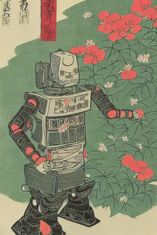 Prompt: Japanese woodblock print of robot gardener amongst the flowers