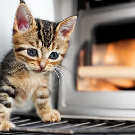 Image similar to a tabby kitten inside a kitchen oven looking at camera, close up