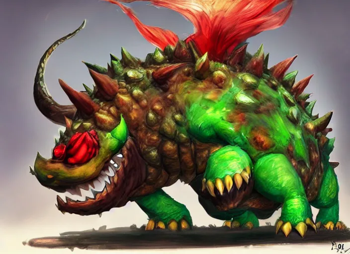 Image similar to detailed concept art of a huge giant bowser by cheng yi and luolin, aartstation, artstationhd, detailed scales, spiky and red hair tuft. green scales turtle. bowser, bowser nintendo, koopa, ~ bowser # bowser ( ( mario ) ) bcy. net, realistic. cheng yi, fire breathing. bowser