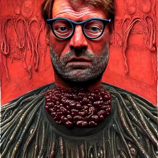 Prompt: jurgen klopp made of spaghetti and tomato sauce, by giuseppe arcimboldo and ambrosius benson, renaissance, intricate and intense oil paint, a touch of beksinski and hr giger and edward munch, realistic