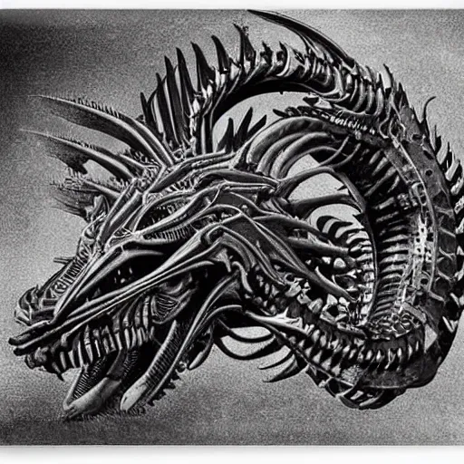 Image similar to detailed photograph of an exotic biomechanical dragon by h. r. giger