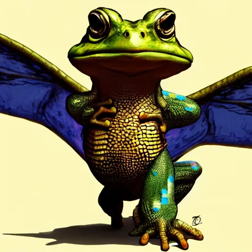 Prompt: toad with wings front view, Across holding a hand, rainbow reptile front view, Across holding a hand, golden lizard front view, trio, artstation, concept art, master illustration, details, good clear quality, fun - w 704