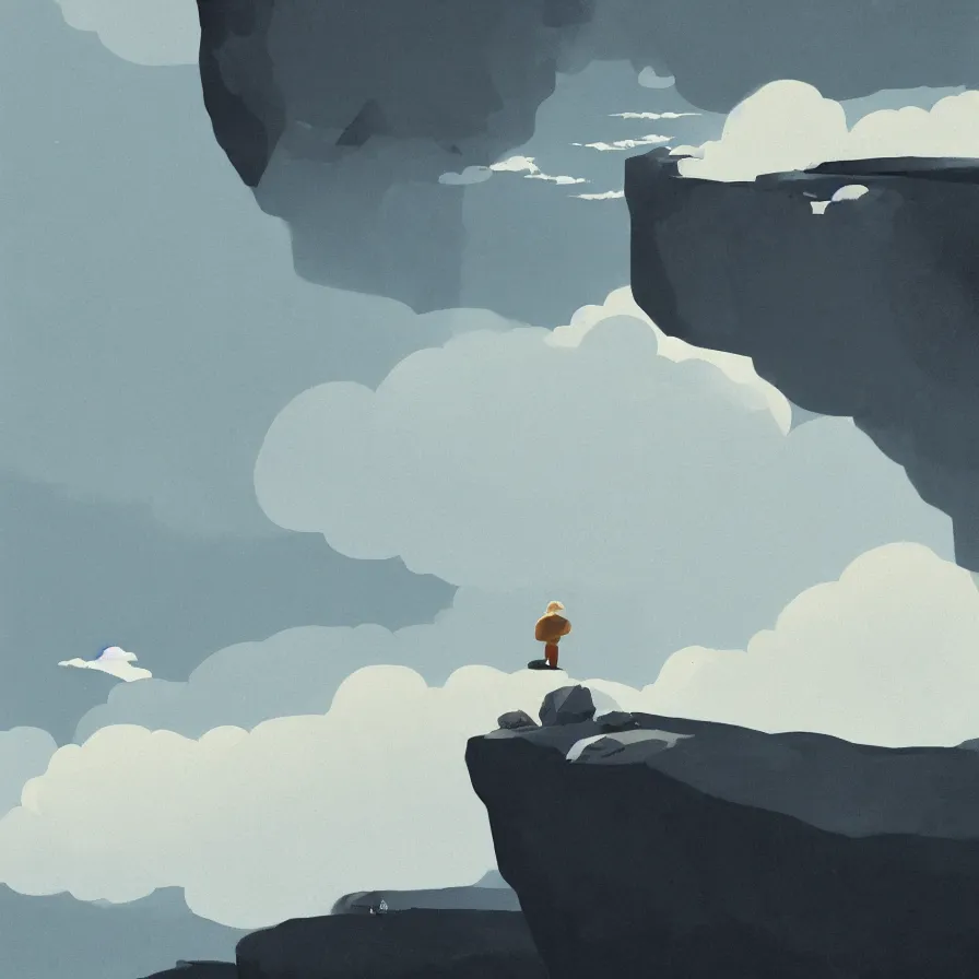 Image similar to Image from afar, man looking from the top of a large rock cliff, the sea hits the large stones hard, the clouds let through subtle rays of light, ilustration art by Goro Fujita