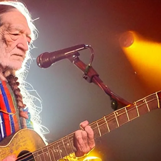 Image similar to willie nelson on stage, detailed, guitar. god rays through fog.