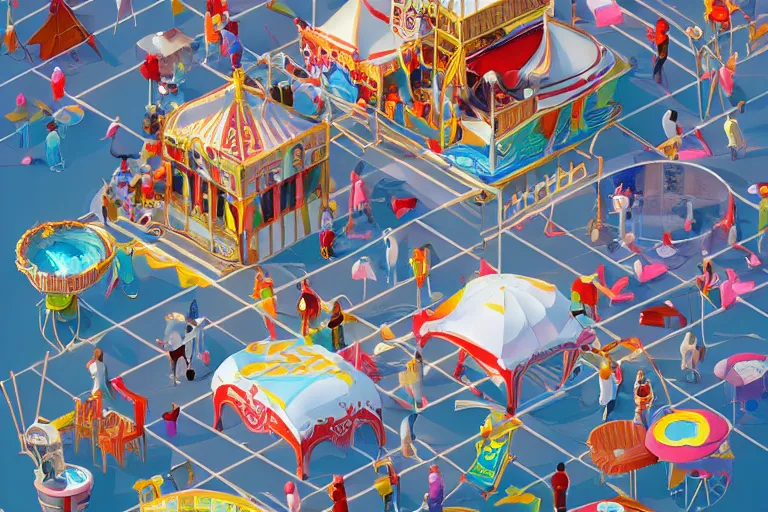 Image similar to carnival , isometric game art, white furniture, bright, artstation, highly detailed, cinematic lighting + masterpiece