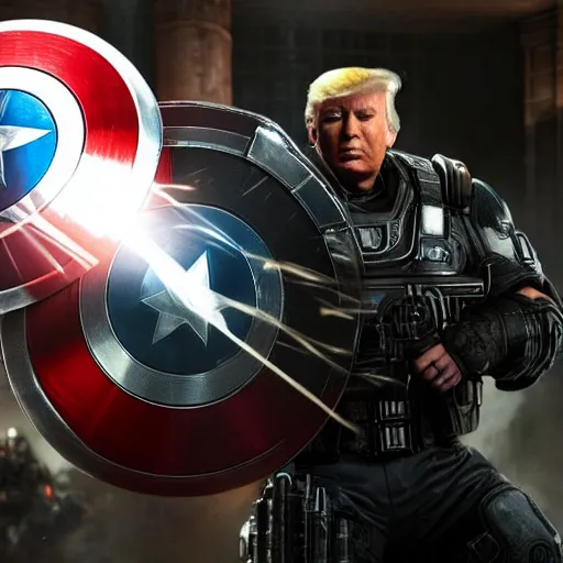 Image similar to portrait of donald trump as captain america in gears of war, splash art, maga, patriot, movie still, cinematic lighting, dramatic, glowing, ray tracing, octane render, long lens, shallow depth of field, bokeh, anamorphic lens flare, 8 k, hyper detailed, 3 5 mm film grain