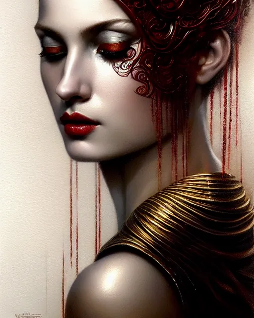 Image similar to portrait of a beautiful goddess, enigmatic beauty, dominant shades of grey, gold, silver, dark red, white, head in focus, fantasy art, ornamental aesthetics, intricate, elegant, highly detailed, hyperrealistic painting, artstation, concept art, painterly, sharp focus, illustration, art by karol bak