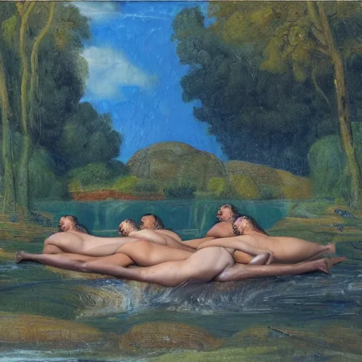 Prompt: The collage depicts four bathers in a stream or river, with two men and two women. The bathers are shown in different positions, with one woman lying down and the other three standing. The collage has a very naturalistic style, with trademark use of bold colors and brushstrokes. The overall effect is one of a peaceful scene, with the bathers enjoying the refreshing water. Johnny Bravo by James Gurney, by Emma Geary mournful, manmade