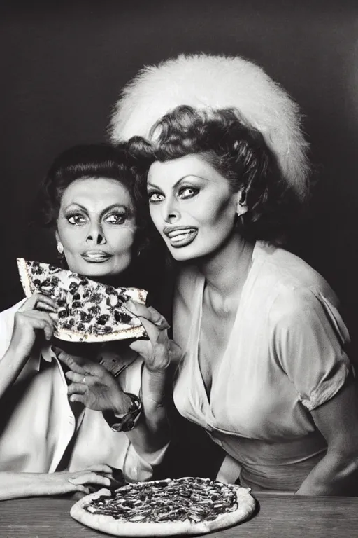 Prompt: professional studio photo of sophia loren and queen margherita ( savoy ) sharing a pizza! margherita, closeup, portrait photo, diffuse light, black and white photo, 5 0 mm, soft focus, acclaimed, masterpiece