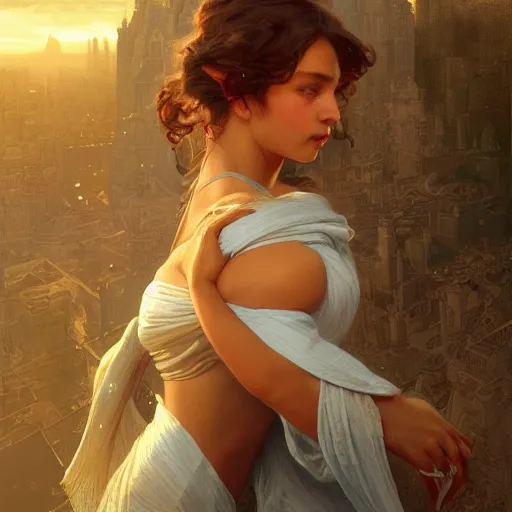 Image similar to giantess woman holding a small man in her hands, intricate, highly detailed, digital painting, artstation, concept art, smooth, sharp focus, illustration, unreal engine 5, 8 k, art by artgerm and greg rutkowski and alphonse mucha