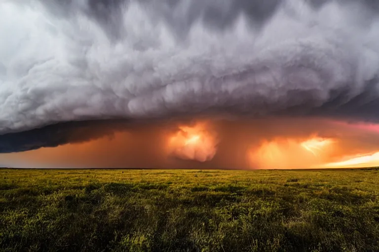 Image similar to a photo of a supercell thunderstorm, illuminated from various angles by the setting sun, cinematic